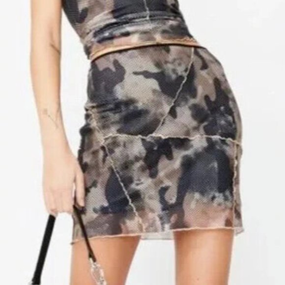 I.AM.GIA Camo Patchwork Fishnet Mesh Mini Skirt XL Vintage Y2K Grunge - Picture 1 of 7